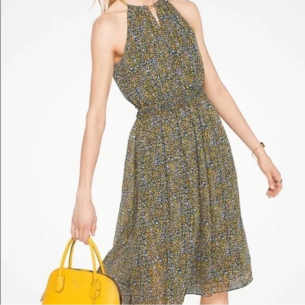 Michael Kors Taxi Yellow Floral 🌼🪻Chiffon Dress size 6